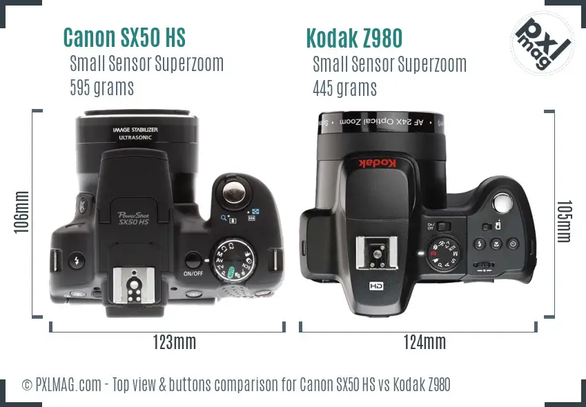 Canon SX50 HS vs Kodak Z980 top view buttons comparison