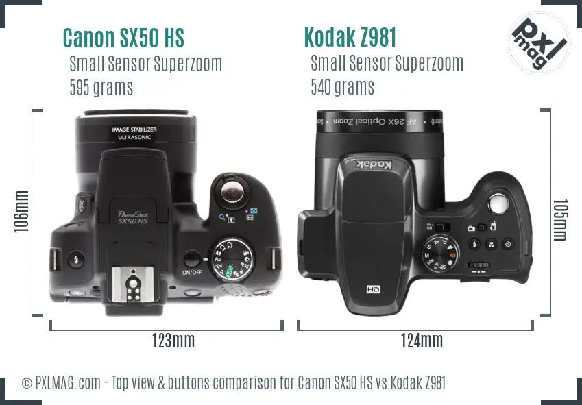 Canon SX50 HS vs Kodak Z981 top view buttons comparison