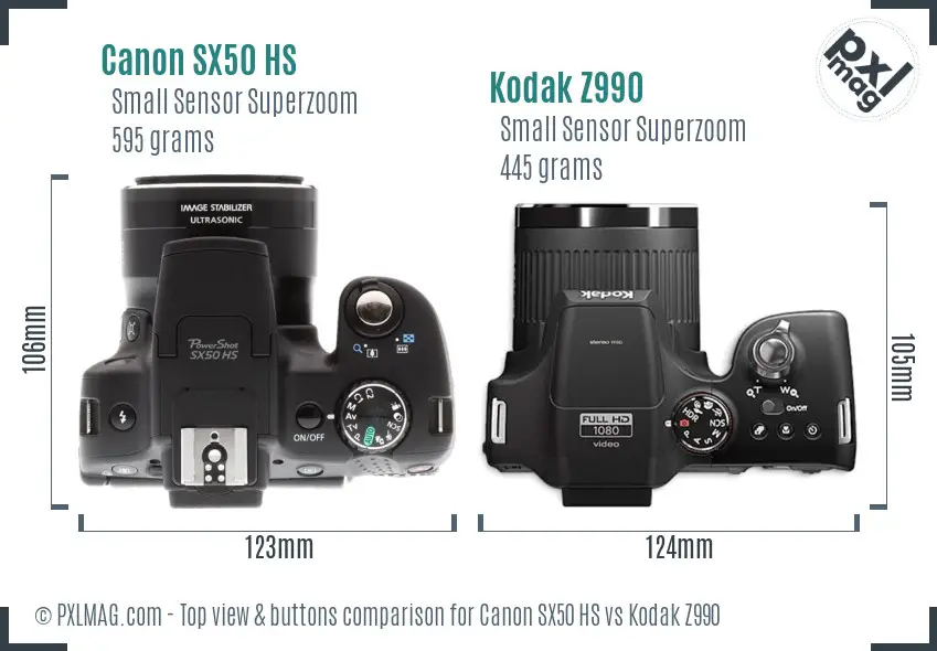 Canon SX50 HS vs Kodak Z990 top view buttons comparison Canon SX50 HS vs Kodak Z990 top view buttons comparison