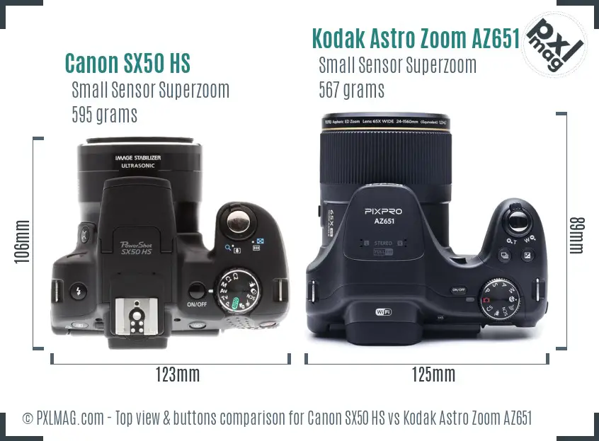 Canon SX50 HS vs Kodak Astro Zoom AZ651 top view buttons comparison