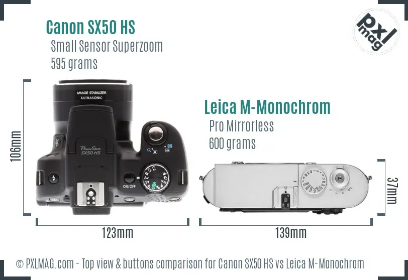 Canon SX50 HS vs Leica M-Monochrom top view buttons comparison Canon SX50 HS vs Leica M-Monochrom top view buttons comparison