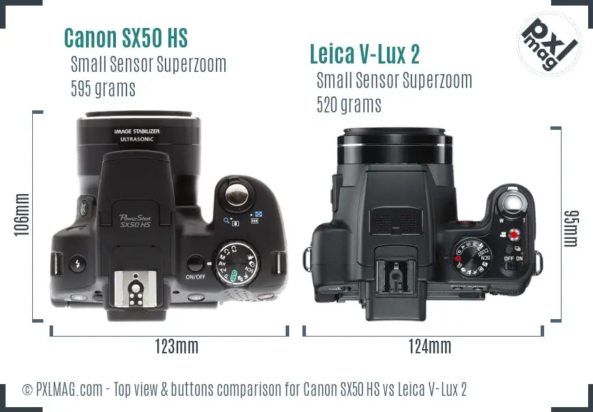 Canon SX50 HS vs Leica V-Lux 2 top view buttons comparison