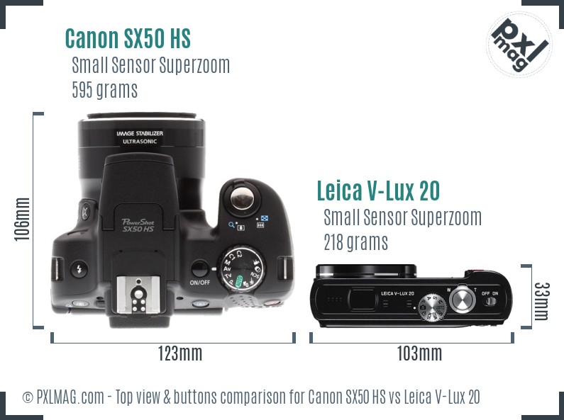 Canon SX50 HS vs Leica V-Lux 20 top view buttons comparison