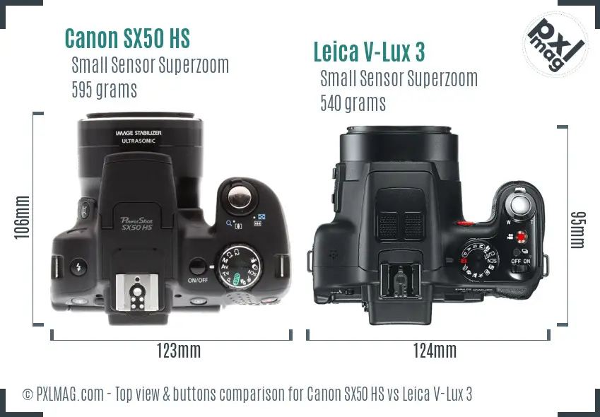 Canon SX50 HS vs Leica V-Lux 3 top view buttons comparison
