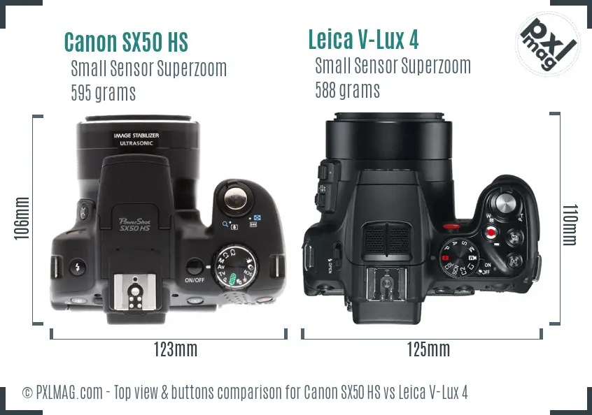 Canon SX50 HS vs Leica V-Lux 4 top view buttons comparison