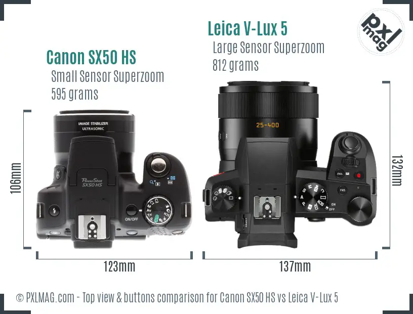 Canon SX50 HS vs Leica V-Lux 5 top view buttons comparison Canon SX50 HS vs Leica V-Lux 5 top view buttons comparison