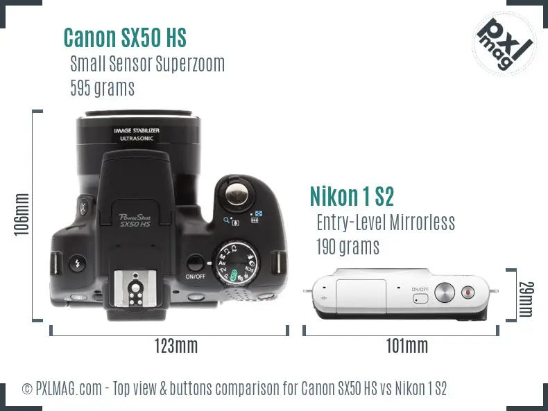 Canon SX50 HS vs Nikon 1 S2 top view buttons comparison Canon SX50 HS vs Nikon 1 S2 top view buttons comparison