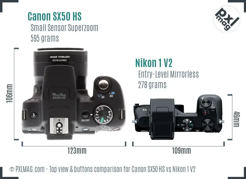 Canon SX50 HS vs Nikon 1 V2 top view buttons comparison Canon SX50 HS vs Nikon 1 V2 top view buttons comparison
