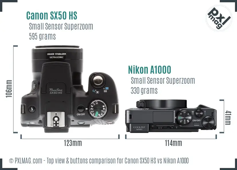 Canon SX50 HS vs Nikon A1000 top view buttons comparison