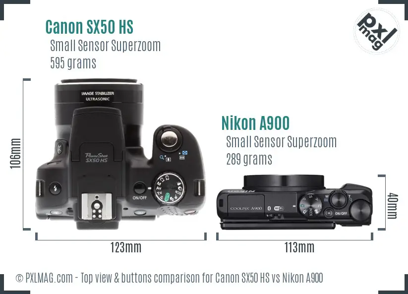 Canon SX50 HS vs Nikon A900 top view buttons comparison