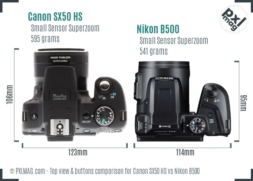 Canon SX50 HS vs Nikon B500 top view buttons comparison