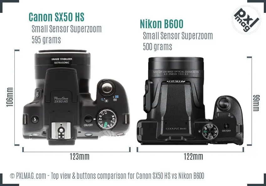 Canon SX50 HS vs Nikon B600 top view buttons comparison