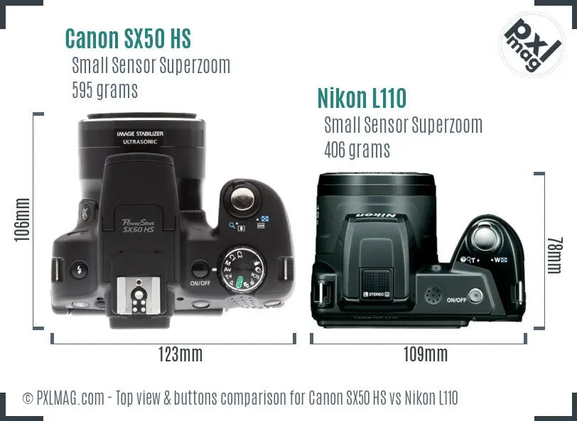 Canon SX50 HS vs Nikon L110 top view buttons comparison Canon SX50 HS vs Nikon L110 top view buttons comparison