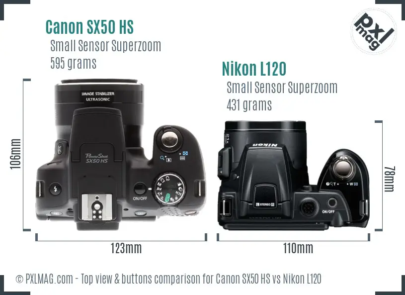 Canon SX50 HS vs Nikon L120 top view buttons comparison