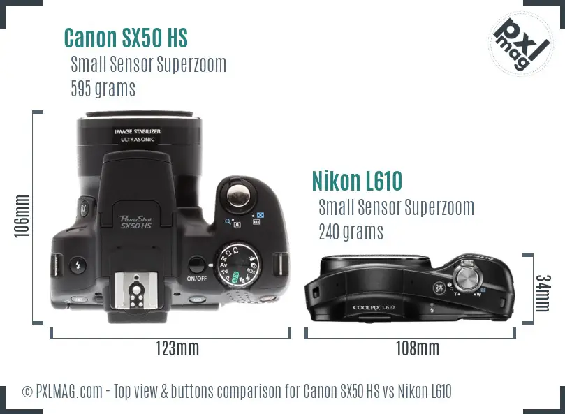 Canon SX50 HS vs Nikon L610 top view buttons comparison