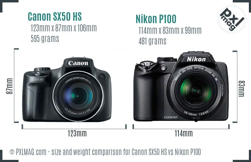 Canon SX50 HS vs Nikon P100 size comparison