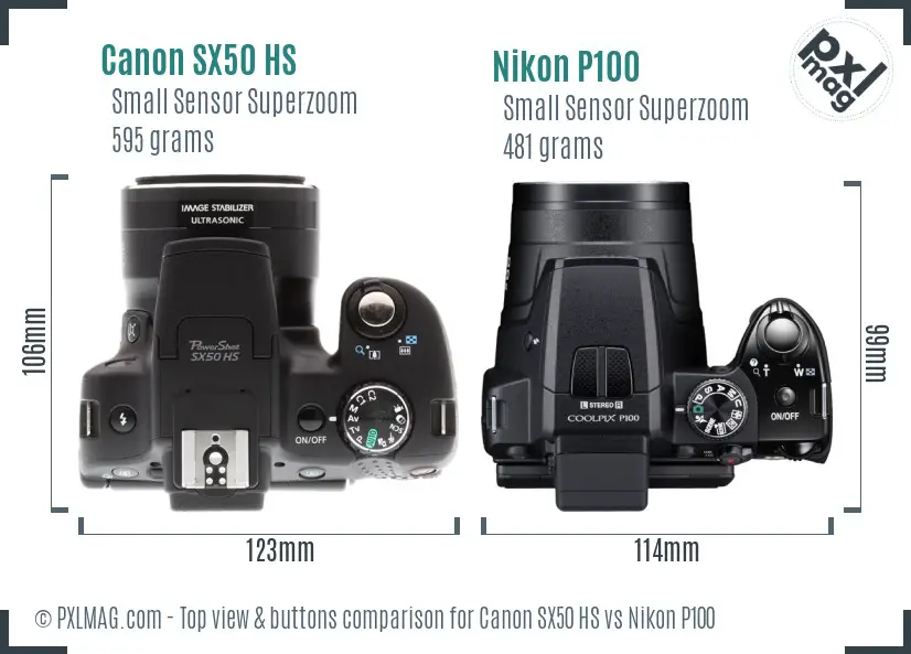 Canon SX50 HS vs Nikon P100 top view buttons comparison