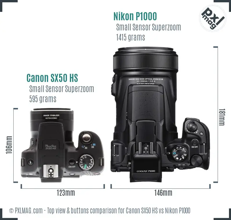 Canon SX50 HS vs Nikon P1000 top view buttons comparison