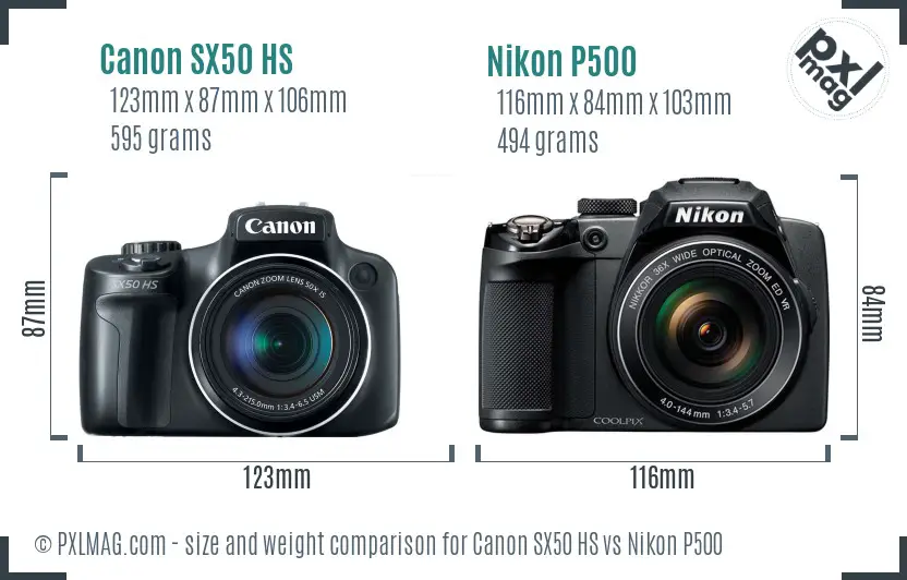 Canon SX50 HS vs Nikon P500 size comparison Canon SX50 HS vs Nikon P500 size comparison