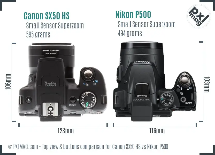 Canon SX50 HS vs Nikon P500 top view buttons comparison Canon SX50 HS vs Nikon P500 top view buttons comparison