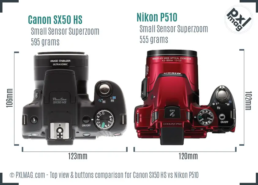 Canon SX50 HS vs Nikon P510 top view buttons comparison