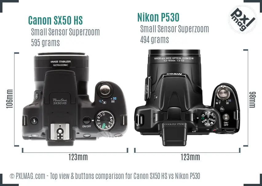 Canon SX50 HS vs Nikon P530 top view buttons comparison