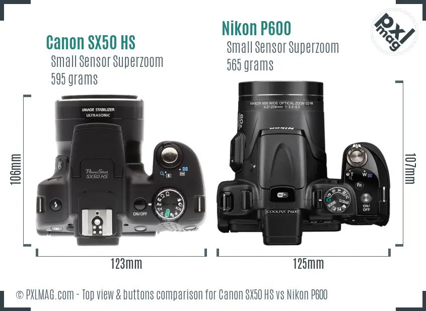 Canon SX50 HS vs Nikon P600 top view buttons comparison Canon SX50 HS vs Nikon P600 top view buttons comparison