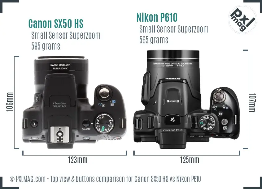 Canon SX50 HS vs Nikon P610 top view buttons comparison