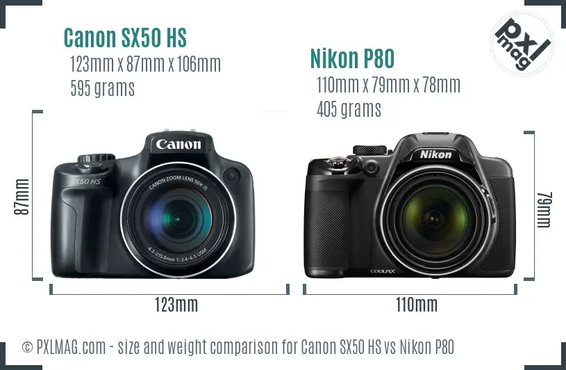 Canon SX50 HS vs Nikon P80 size comparison