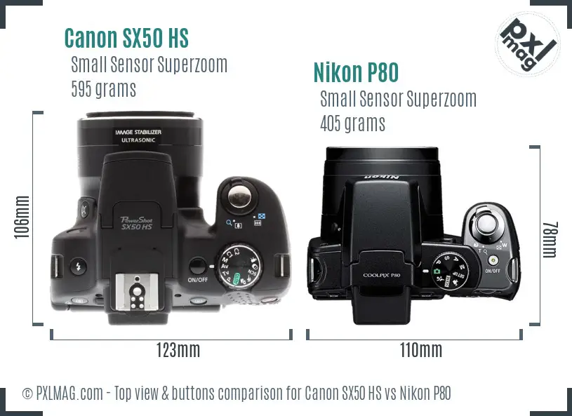 Canon SX50 HS vs Nikon P80 top view buttons comparison