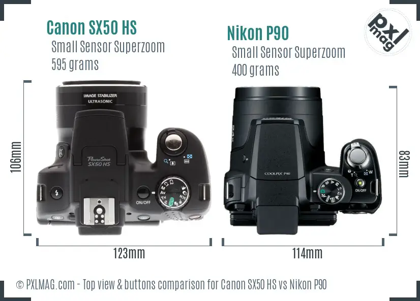 Canon SX50 HS vs Nikon P90 top view buttons comparison