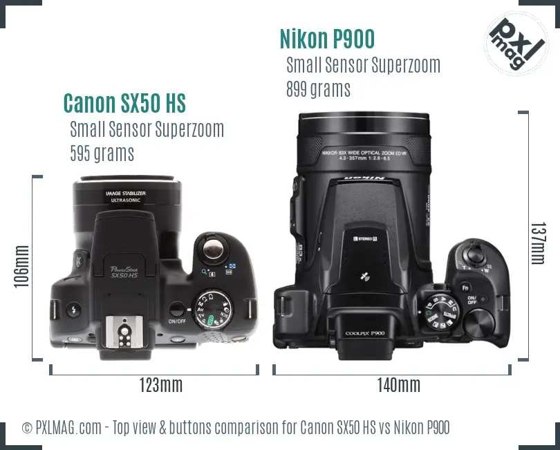 Canon SX50 HS vs Nikon P900 top view buttons comparison