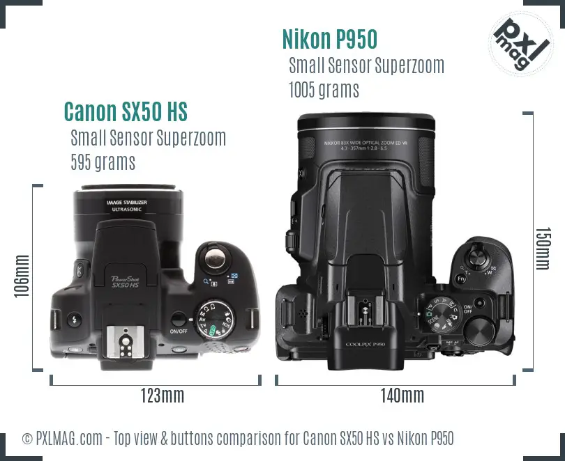Canon SX50 HS vs Nikon P950 top view buttons comparison