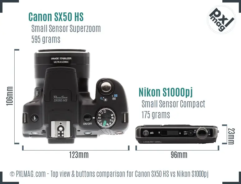 Canon SX50 HS vs Nikon S1000pj top view buttons comparison