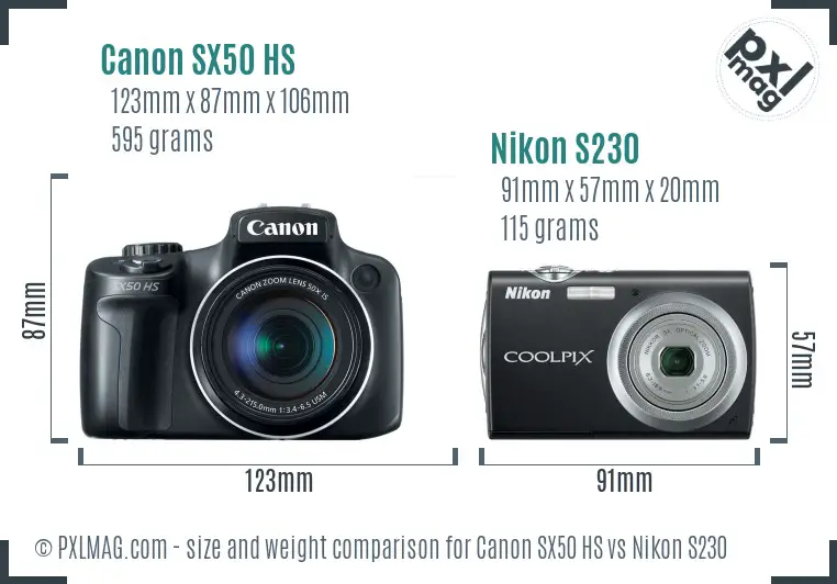 Canon SX50 HS vs Nikon S230 size comparison