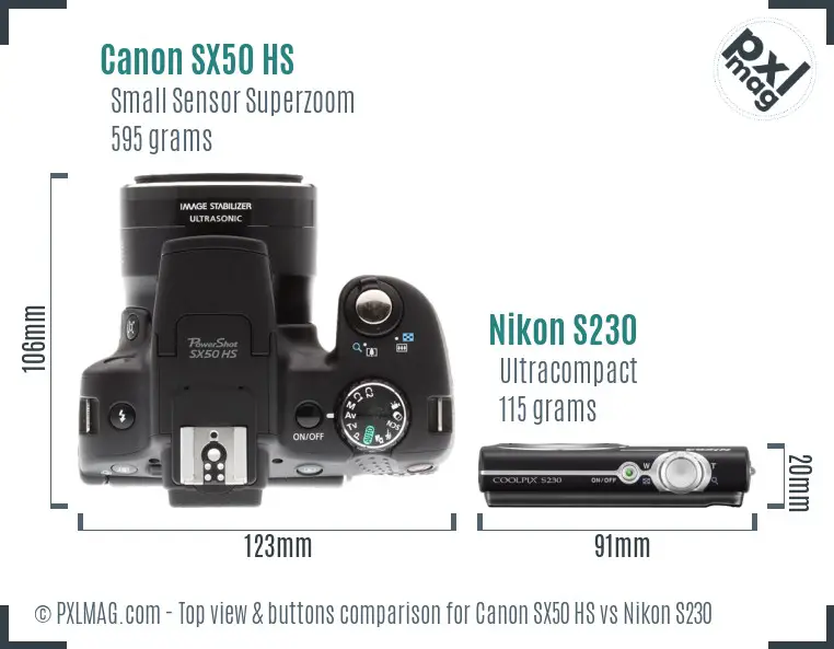 Canon SX50 HS vs Nikon S230 top view buttons comparison