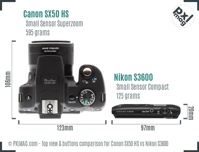 Canon SX50 HS vs Nikon S3600 top view buttons comparison Canon SX50 HS vs Nikon S3600 top view buttons comparison