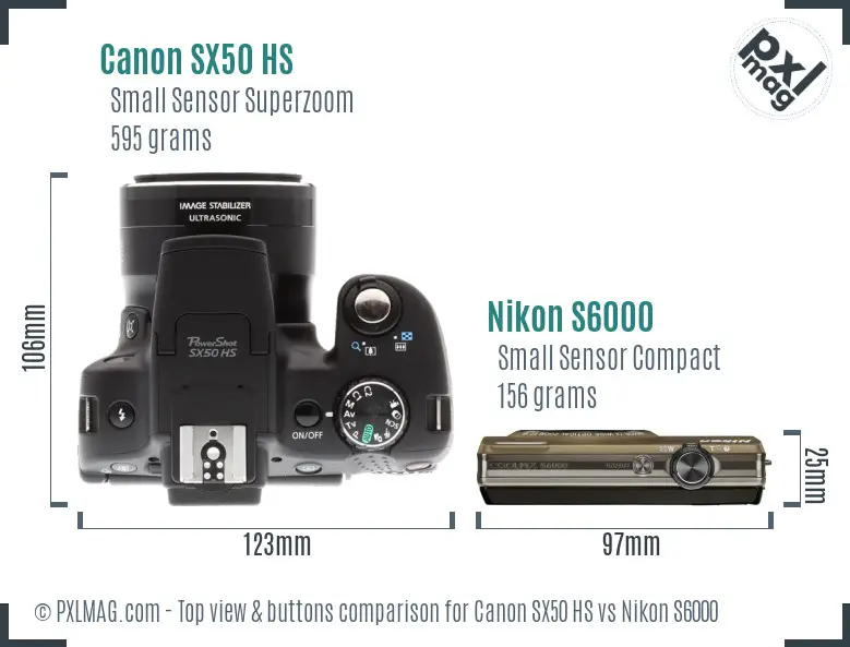 Canon SX50 HS vs Nikon S6000 top view buttons comparison