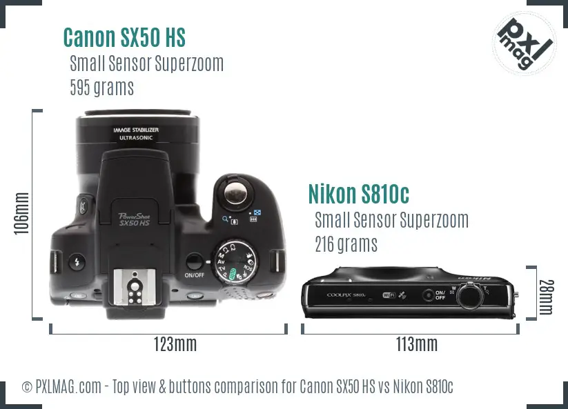 Canon SX50 HS vs Nikon S810c top view buttons comparison Canon SX50 HS vs Nikon S810c top view buttons comparison