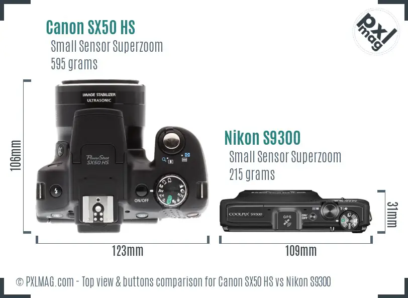 Canon SX50 HS vs Nikon S9300 top view buttons comparison