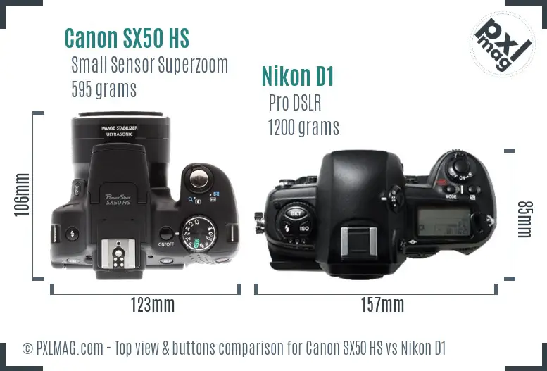 Canon SX50 HS vs Nikon D1 top view buttons comparison Canon SX50 HS vs Nikon D1 top view buttons comparison