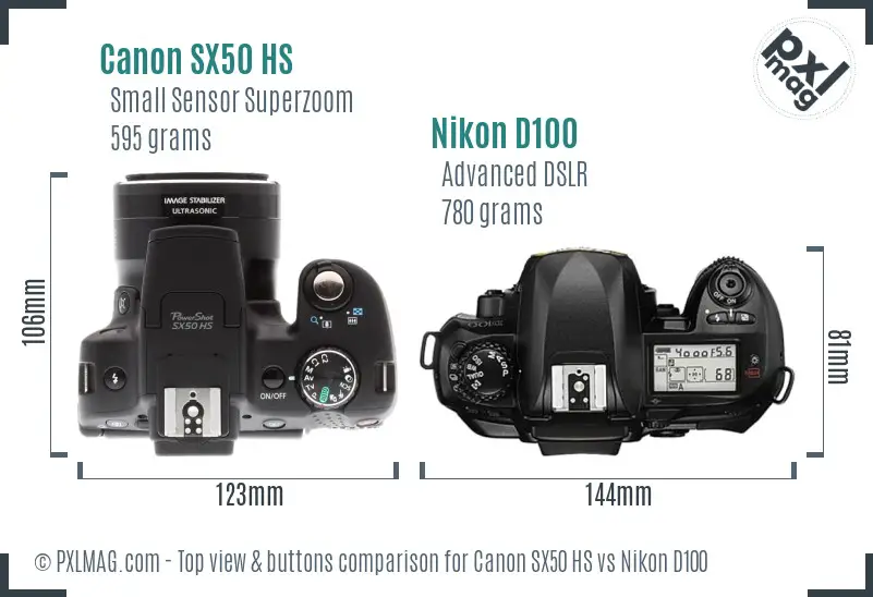 Canon SX50 HS vs Nikon D100 top view buttons comparison Canon SX50 HS vs Nikon D100 top view buttons comparison