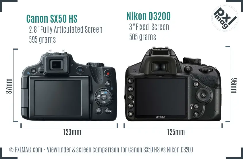 Canon SX50 HS vs Nikon D3200 Screen and Viewfinder comparison
