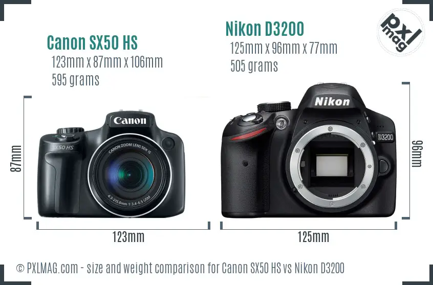 Canon SX50 HS vs Nikon D3200 size comparison
