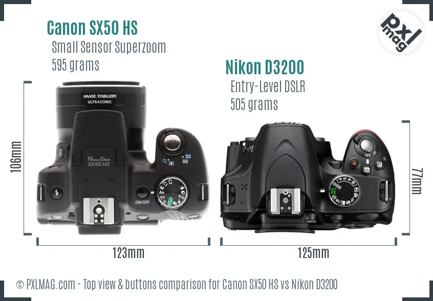 Canon SX50 HS vs Nikon D3200 top view buttons comparison