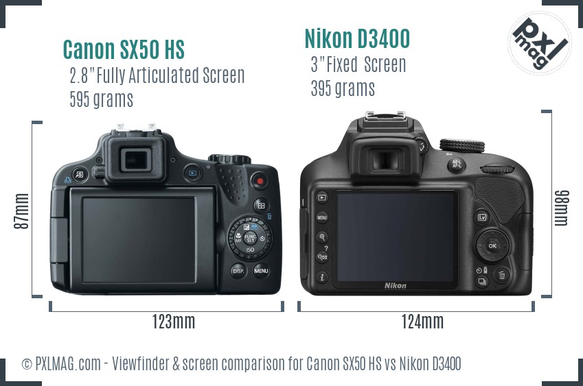 Canon SX50 HS vs Nikon D3400 Screen and Viewfinder comparison