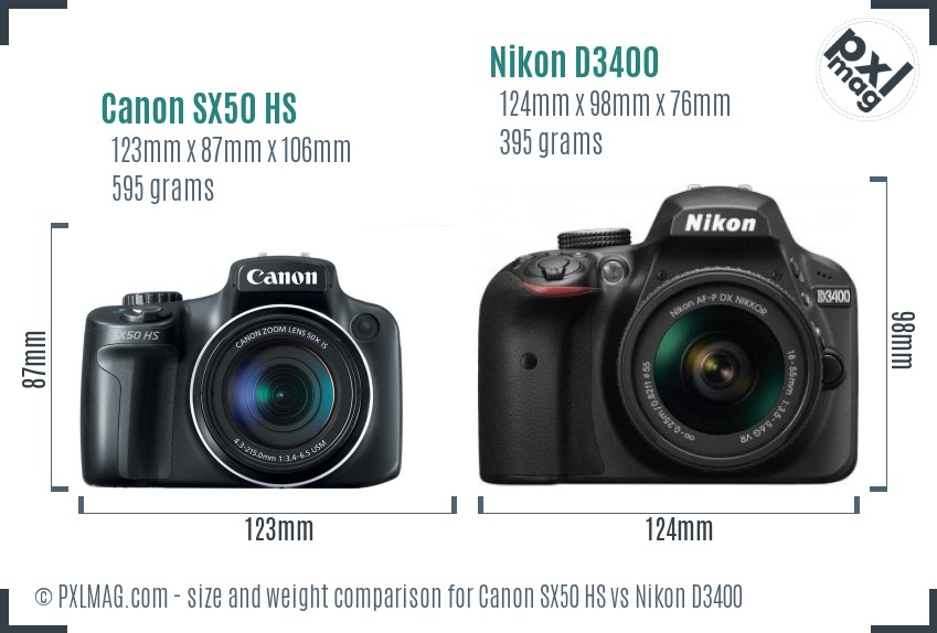 Canon SX50 HS vs Nikon D3400 size comparison