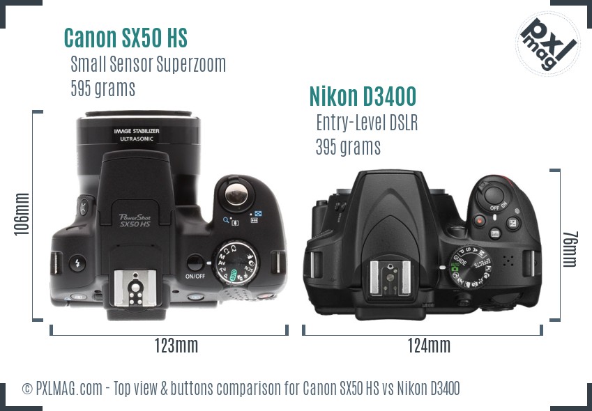 Canon SX50 HS vs Nikon D3400 top view buttons comparison
