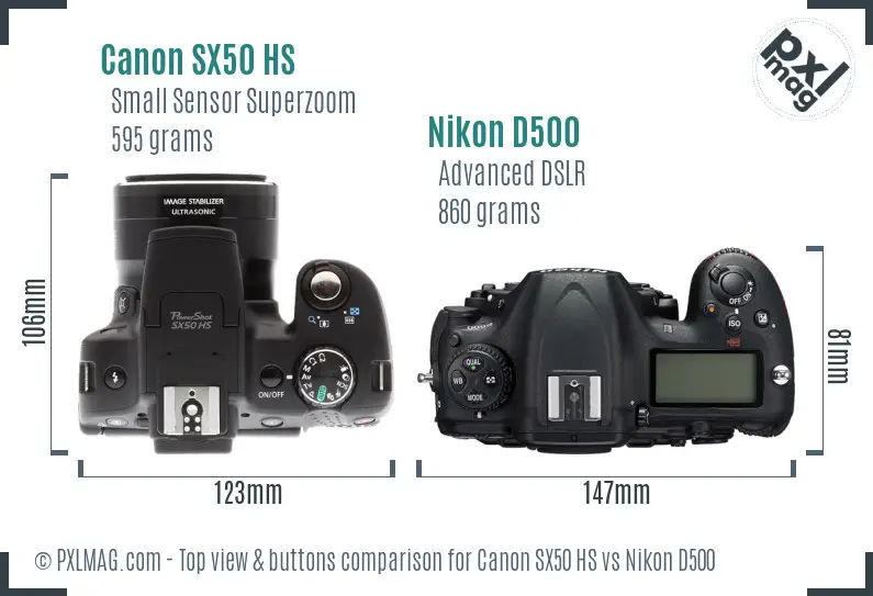 Canon SX50 HS vs Nikon D500 top view buttons comparison Canon SX50 HS vs Nikon D500 top view buttons comparison