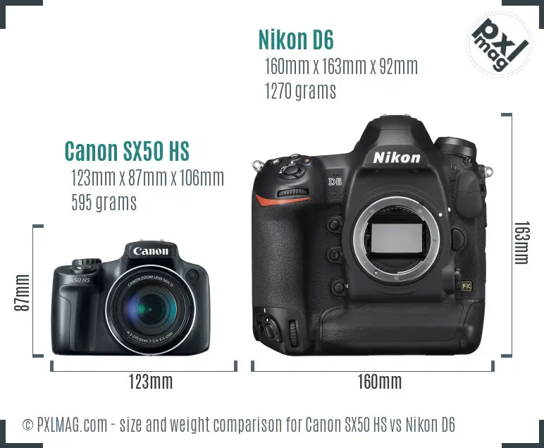 Canon SX50 HS vs Nikon D6 size comparison